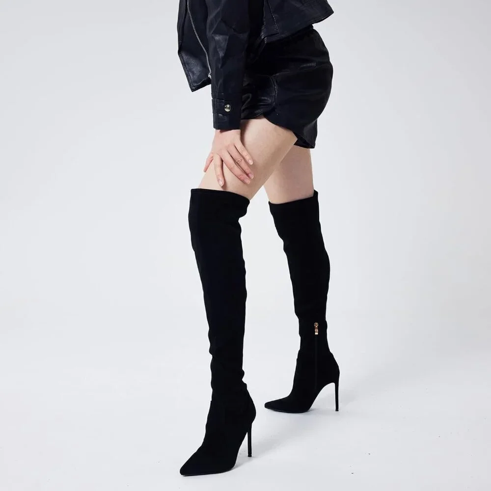 Women Black Suede Pointed Toe 4.3 inch Stilettos Thigh High Heels Stretch Boots